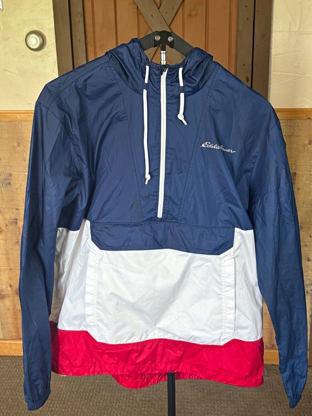 Eddie Bauer Men's Red/White/Blue Colorblock Hooded 1/2 Zip Windbreaker Size L